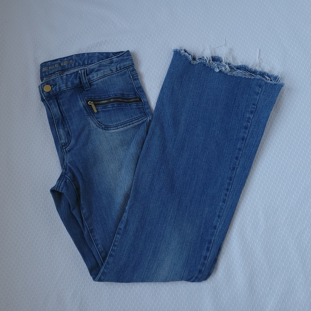 Michael Kors Women's Size 6 Blue Women Jeans Boot Flare Frayed Hem Gold Zippers